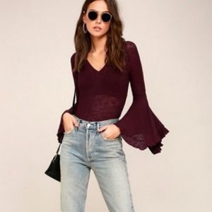 Free People Bell Sleeve Top - Maroon Size Small